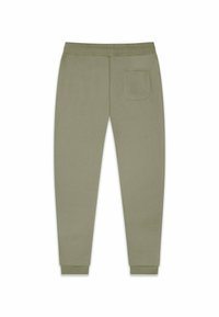 Khaki sweatpants with a smooth texture, elastic waistband, and tapered legs. Features a single back pocket and ribbed cuffs.