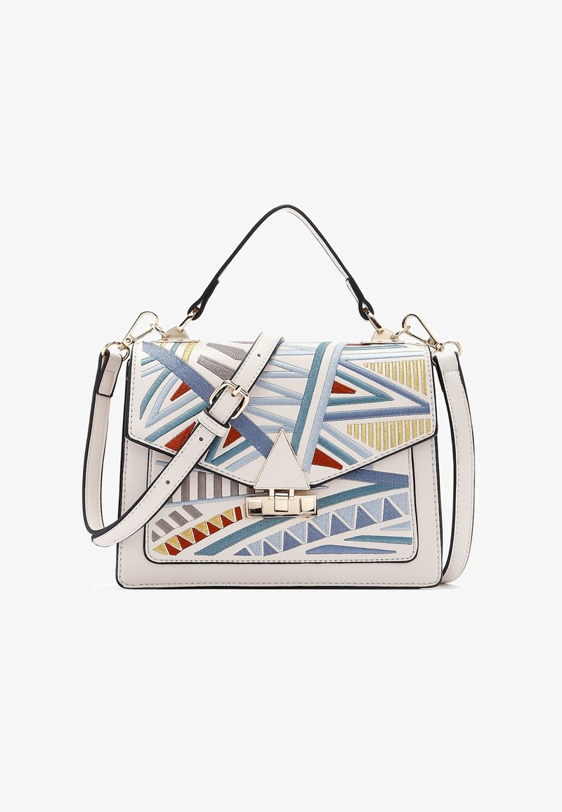Mehrfarbige geometrische Handtasche aus synthetischem Material. Mit Klappenverschluss, verstellbarem Riemen und dekorativen Nähten in verschiedenen Mustern.