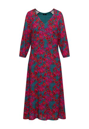 Bloemenjurk met een V-hals en driekwartmouwen. Gemaakt van zachte stof in teal, met roze en rode patroonbloemen. A-lijn silhouette.