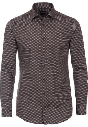 Chemise marron foncé à manches longues avec petit motif circulaire blanc, boutonnée devant et col pointu, étiquette Venti Regular Fit, taille 41.