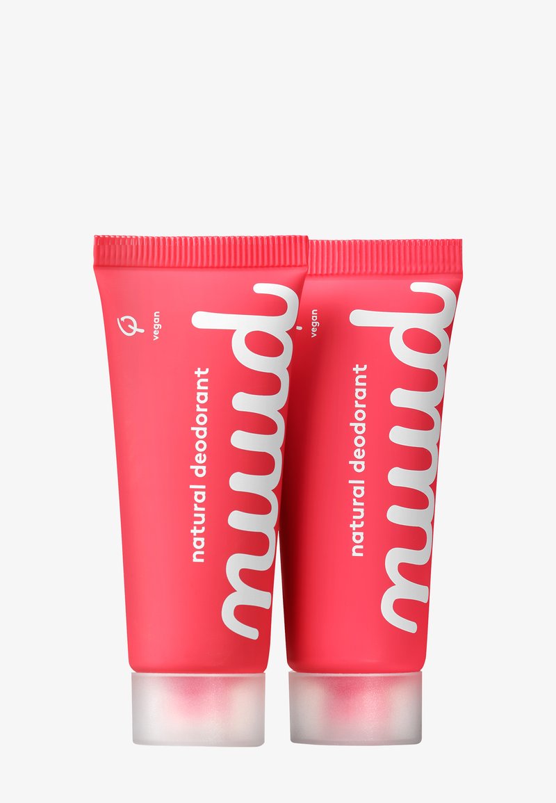 Two red tubes of Nuud natural vegan deodorant with white text on a plain background.