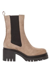 Stivale alla caviglia in suede color talpa con pannelli elastici neri ai lati, punta rotonda e suola in gomma nera spessa con profilo antiscivolo.