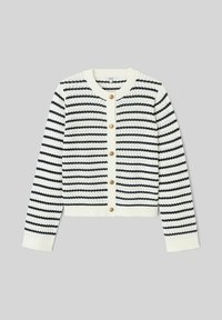 Cardigan blanc tricoté avec des rayures horizontales noires, col rond, boutons dorés sur le devant et manches longues.