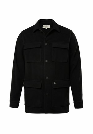 Chaqueta de mezcla de lana negra con cierre de botones, dos bolsillos en el pecho, dos bolsillos inferiores y un pequeño detalle de logo en la parte inferior derecha.