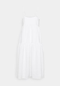 Λευκό, χωρίς μανίκια φόρεμα φτιαγμένο από υφασμάτινη υφή, με στιλ tiered και συγκεντρωμένη μέση, λεπτές τιράντες. Σιλούετα έως το πάτωμα.