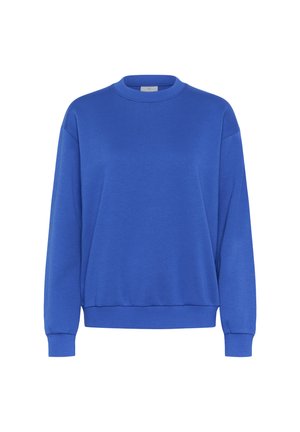 Blauwe trui, ronde halslijn, lange mouwen, ribbelmanchetten en -zoom. Gemaakt van een gladde stof met een relaxte pasvorm. Geen patronen of accenten.