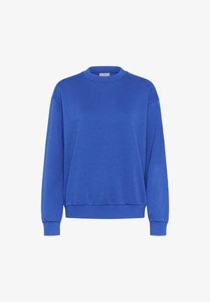 Felpa blu realizzata in morbido tessuto misto cotone. Caratterizzata da un collo tondo, maniche lunghe e polsini aderenti, con una vestibilità rilassata in vita.