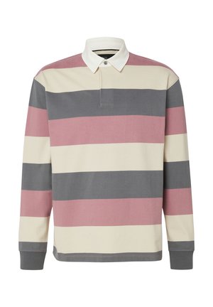 Chemise de rugby pour homme à manches longues avec larges rayures horizontales en rose, gris et crème, dotée d'un col blanc à boutons.