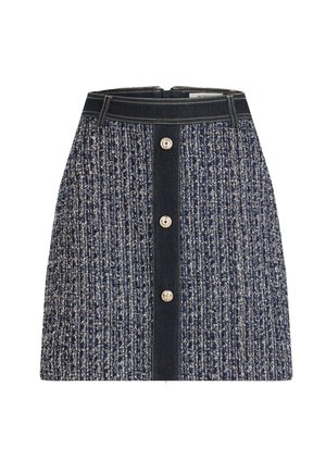 Gonna in denim e tweed con un motivo testurizzato blu e bianco, forma dritta e chiusura frontale con bottoni metallici.