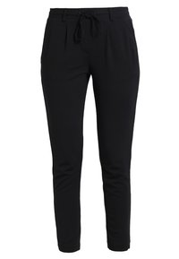 Černé kalhoty na míru s bočními kapsami a stahovacími šňůrkami v pase, se slim fit střihem a zúženými nohavicemi. Vhodné pro příležitostné i formální nošení.