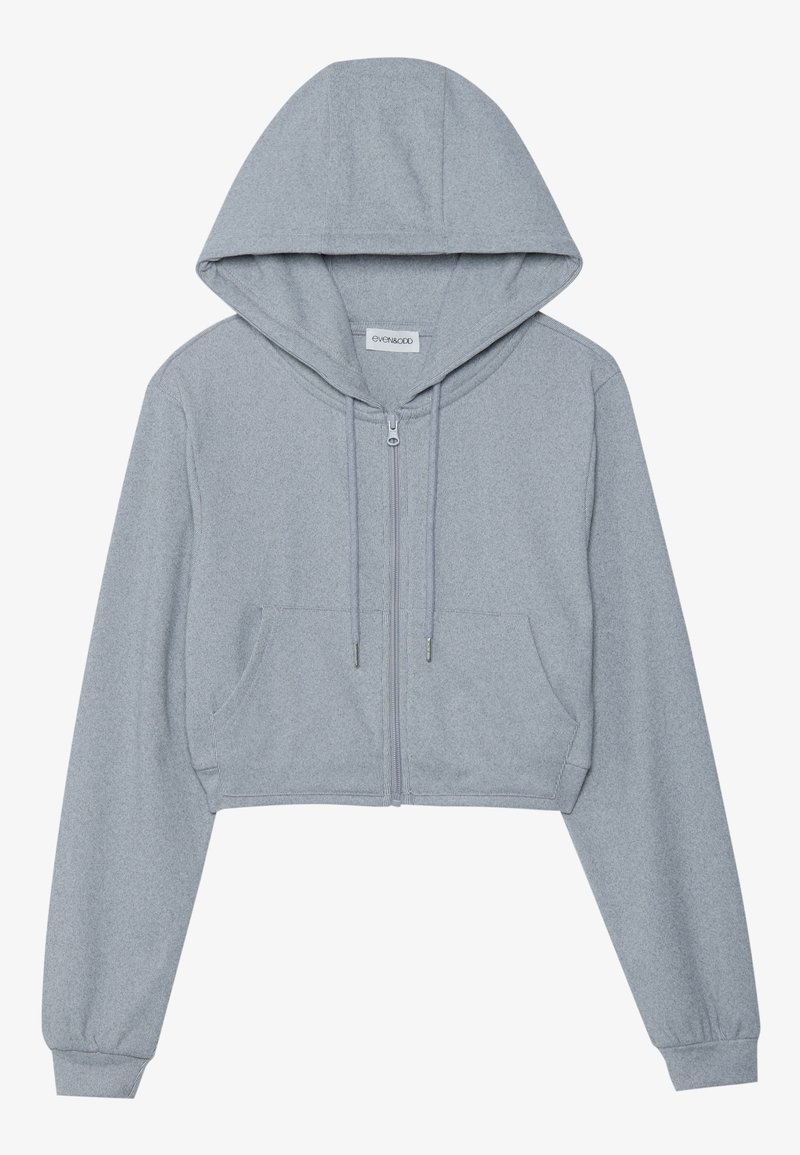 Hoodie gris clair court avec manches longues, fermeture éclair à l'avant, cordons de serrage et poche kangourou avant, posé à plat sur fond blanc.