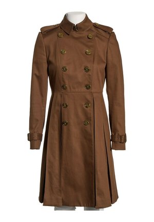 Trench-coat marron croisé avec boutons dorés, épaulettes, manches longues, brides à boucle aux poignets et un ourlet arrivant aux genoux.