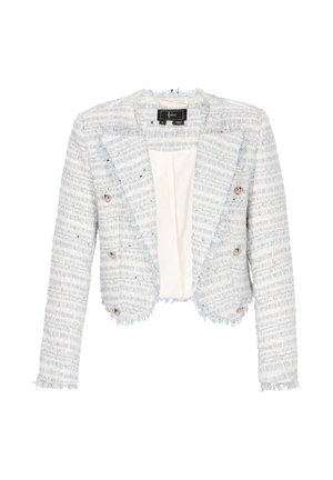 Világoskék, texturált tweed zakó rojtos szélekkel, dupla soros gombolással és ezüstgombokkal; belül krém színű bélés látható.