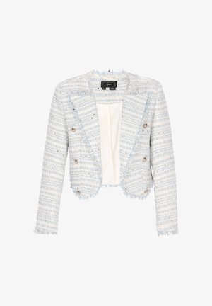 Világoskék, texturált tweed zakó rojtos szélekkel, dupla soros gombolással és ezüstgombokkal; belül krém színű bélés látható.