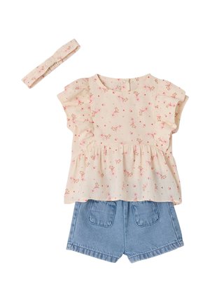 Cream floral ruffle-sleeve top, blue denim shorts with front pockets, and matching cream floral headband for toddler girl.