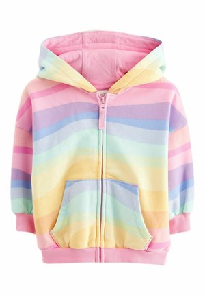 Veste à capuche zippée pour enfant avec rayures pastel arc-en-ciel en rose, jaune, bleu et vert, dotée de poches avant et de poignets côtelés.