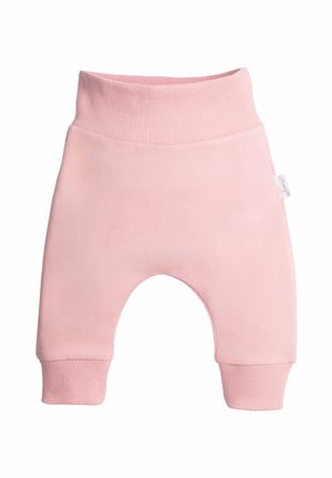 Miękkie różowe spodnie dla niemowląt z szerokim prążkowanym pasem i ściągaczami, wykonane z elastycznego materiału zapewniającego wygodę i swobodę ruchów.