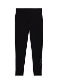 Leggings neri realizzati in tessuto liscio e elasticizzato, con una fascia in vita ampia e un logo decorato con cristalli sulla parte inferiore della gamba.