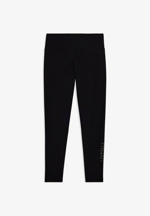 Leggings neri realizzati in tessuto liscio e elasticizzato, con una fascia in vita ampia e un logo decorato con cristalli sulla parte inferiore della gamba.