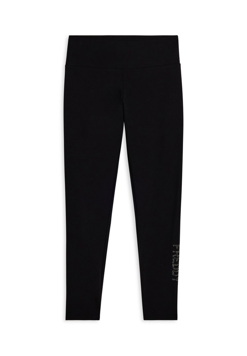 Leggings neri realizzati in tessuto liscio e elasticizzato, con una fascia in vita ampia e un logo decorato con cristalli sulla parte inferiore della gamba.