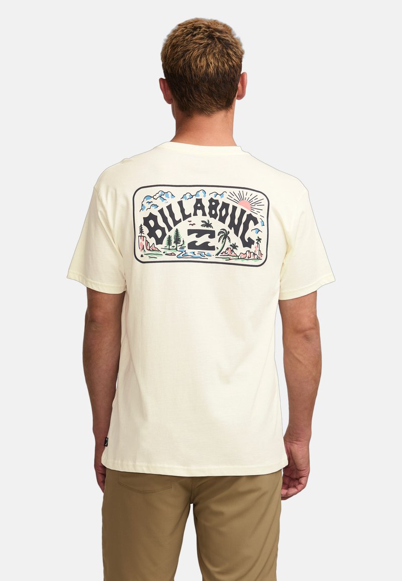 Short-sleeve, cream-color t-shirt featuring a large printed graphic on the back with nature scenes, palm trees, and "Billabong" text.