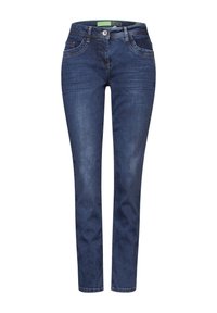 Jeans de denim azul oscuro con un corte ajustado, diseño de cinco bolsillos y detalles cosidos. Presenta un cierre de botón y cremallera en la cintura.