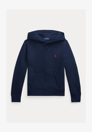 Sweat à capuche bleu marine avec poche kangourou à l'avant et logo Polo Ralph Lauren rouge brodé sur la poitrine gauche.