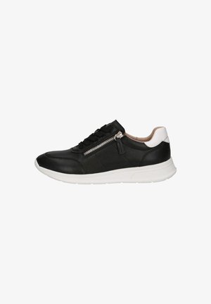 Zapatilla de cuero negro con un talón blanco. Presenta un diseño de cordones y una cremallera lateral. Suela de goma blanca con detalles texturizados.