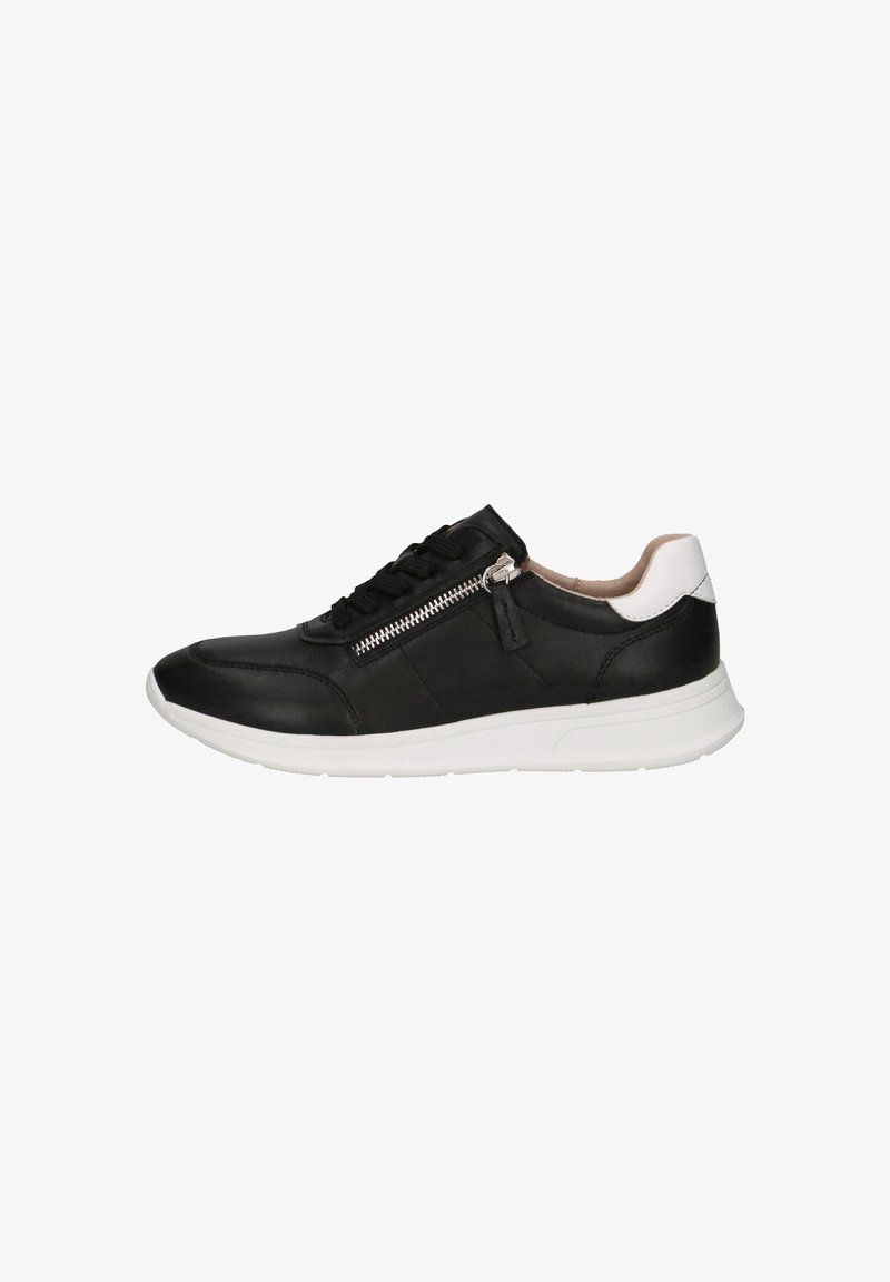 Czarne skórzane sneakersy z białym obcasem. Posiadają sznurowaną konstrukcję oraz zamek błyskawiczny z boku. Biała gumowa podeszwa z teksturowanymi detalami.