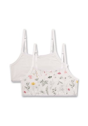 Bügel-BH-Set mit zwei Designs: eine einfarbige weiße und eine mit floralem Muster in Pink, Gelb und Grün. Hergestellt aus weichem Stoff mit verstellbaren Trägern.