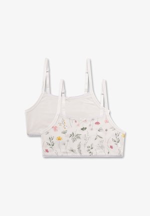 Bügel-BH-Set mit zwei Designs: eine einfarbige weiße und eine mit floralem Muster in Pink, Gelb und Grün. Hergestellt aus weichem Stoff mit verstellbaren Trägern.