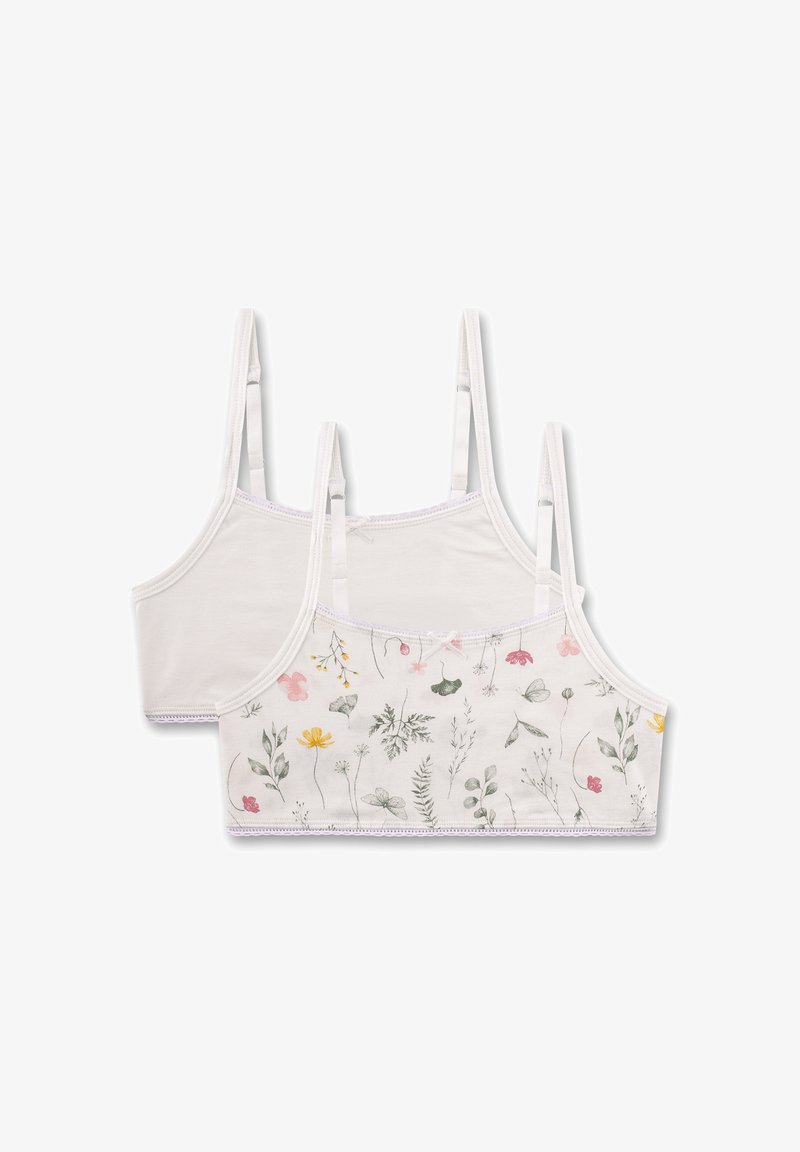 Beha-set met twee ontwerpen: één in effen wit en één met een bloemenprint in roze, geel en groen. Gemaakt van zachte stof met verstelbare bandjes.