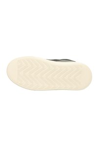 White sneaker sole with a zigzag tread pattern; smooth surface with a rounded edge and neutral color. Rubber material, simple design.