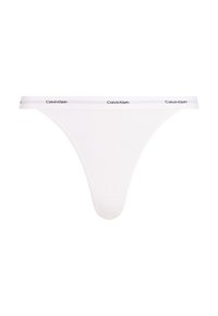 Bijela Calvin Klein tanga izrađena od rebraste tkanine, s uskim elastičnim pojasom s detaljem logotipa, dizajn minimalnog pokrivanja.