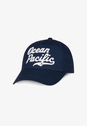Gorra de béisbol azul marino con texto bordado en blanco "Ocean Pacific" en la parte frontal y visera curva.