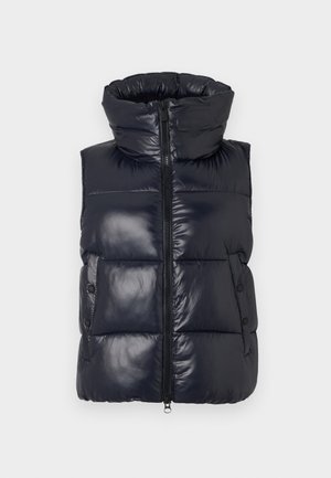 Marine puffervest met een hoge kraag, ritsluiting en zijknopen. Beschikt over een glossy afwerking en een gewatteerd ontwerp voor isolatie.