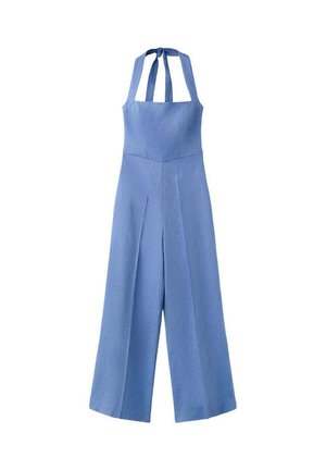 Mono sin mangas azul claro con cuello halter, pantalones anchos y costuras estructuradas a lo largo del corsé y las piernas.