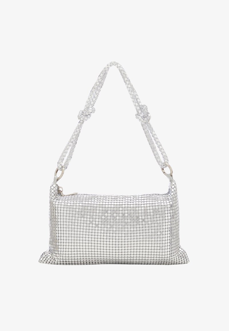 Ezüst színű hálós kézitáska, téglalap alakú, kicsi, kerek flitterekkel díszítve, fonott pánttal, csomókkal és cipzáras záródással.