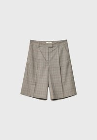 Shorts ajustés longueur genou avec motif à carreaux gris et marron, plis sur le devant, poches latérales et ceinture avec passants pour ceinture.