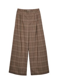 Pantalons taille haute à carreaux marron avec des jambes larges, présentant de subtils accents orange et des détails plissés à l'avant. Fabriqués en tissu texturé.