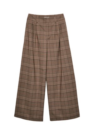 Pantalons taille haute à carreaux marron avec des jambes larges, présentant de subtils accents orange et des détails plissés à l'avant. Fabriqués en tissu texturé.
