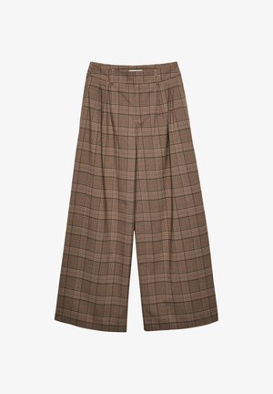 Pantalons taille haute à carreaux marron avec des jambes larges, présentant de subtils accents orange et des détails plissés à l'avant. Fabriqués en tissu texturé.