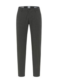 Donkergrijze, op maat gemaakte broek met een gladde textuur, een slanke pasvorm, voorzakken, riemlussen en een enkele knoopsluiting in de taille.