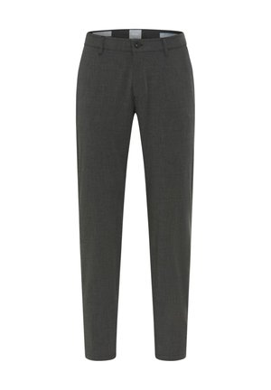 Dunkelgraue, maßgeschneiderte Hosen mit glatter Textur, schlanker Passform, vorderen Taschen, Gürtelschlaufen und einem einzelnen Knopfverschluss an der Taille.