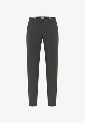 Dunkelgraue, maßgeschneiderte Hosen mit glatter Textur, schlanker Passform, vorderen Taschen, Gürtelschlaufen und einem einzelnen Knopfverschluss an der Taille.