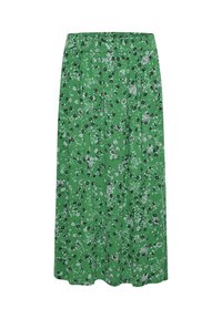 Jupe midi florale verte avec une coupe décontractée, dotée d'une taille élastique et de petites fleurs noires et blanches sur l'ensemble du tissu.