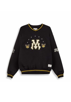 Black sweatshirt with a v-neck, yellow accents, and embroidered "M" logo. Features bear graphics and stars on the front and one sleeve.