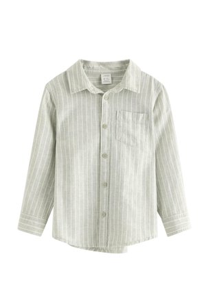 Langærmet lysegrå skjorte med hvide lodrette striber, knapper foran, krave og en venstre brystlomme.