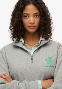 Sudadera gris con cremallera y cuello, que presenta un logo bordado en verde. La camiseta interior tiene un patrón de rayas azul y blanco.