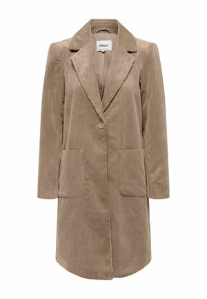 Jasnobrązowy płaszcz z korduroyu z klapami, pojedynczym zapięciem na guzik i dwiema przednimi kieszeniami. Posiada prosty krój i teksturowany materiał.